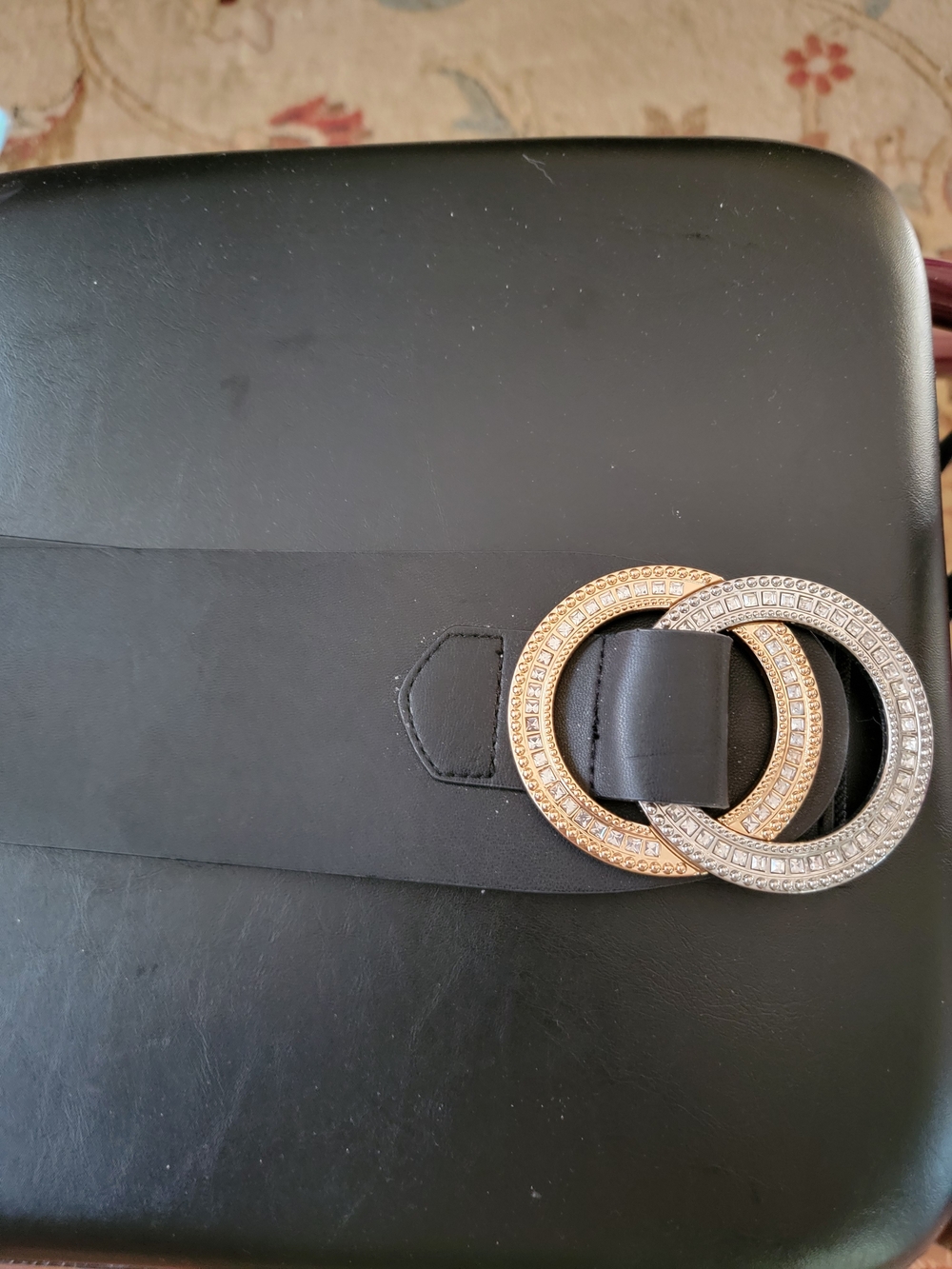 Women’s Black Belt with Gold and Silver Crystal Double-Ring Buckle